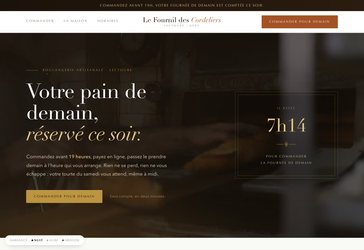 Ambiance Nuit : le fournil sombre et or
