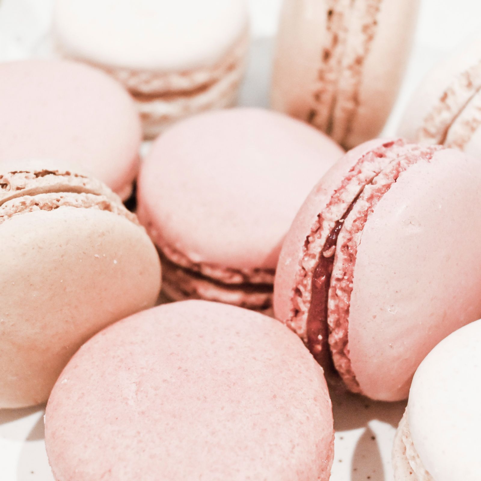 Macarons rose poudré et framboise en gros plan