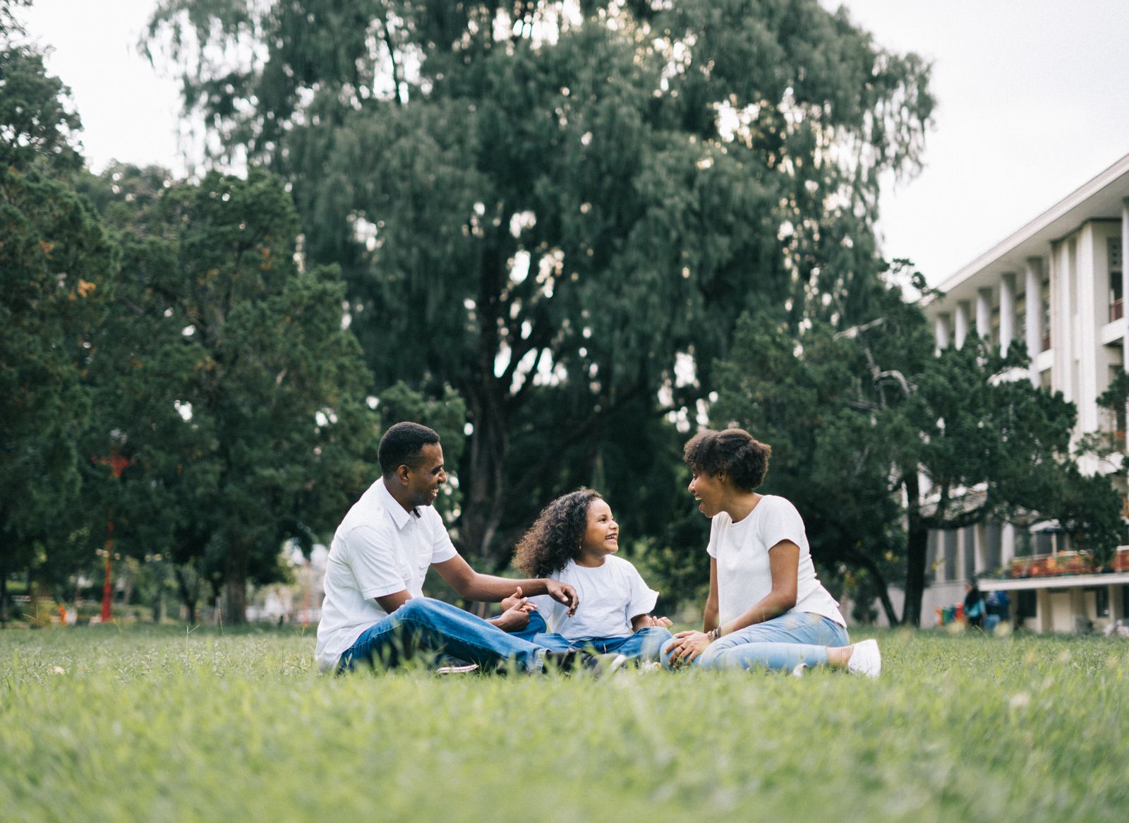 Famille assise dans l'herbe sous un grand arbre